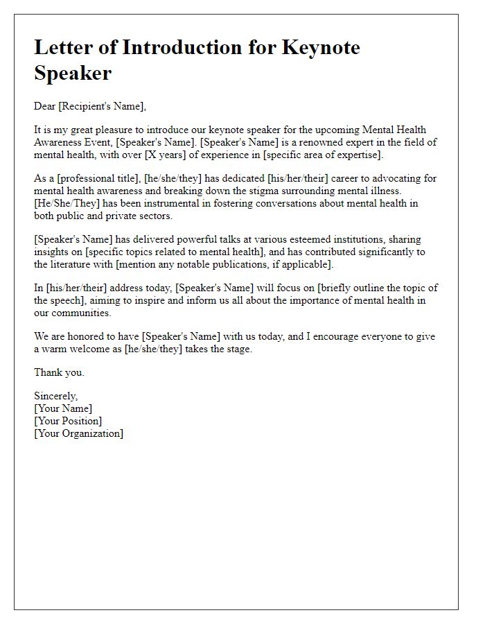 Letter template of keynote speaker introduction for a mental health awareness event