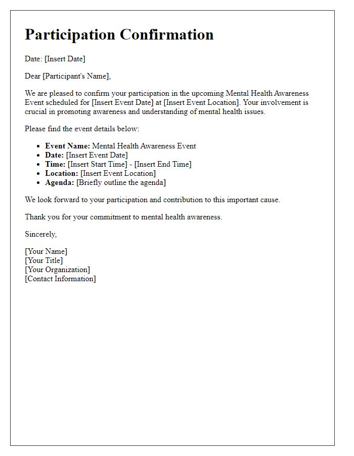 Letter template of participation confirmation for a mental health awareness event