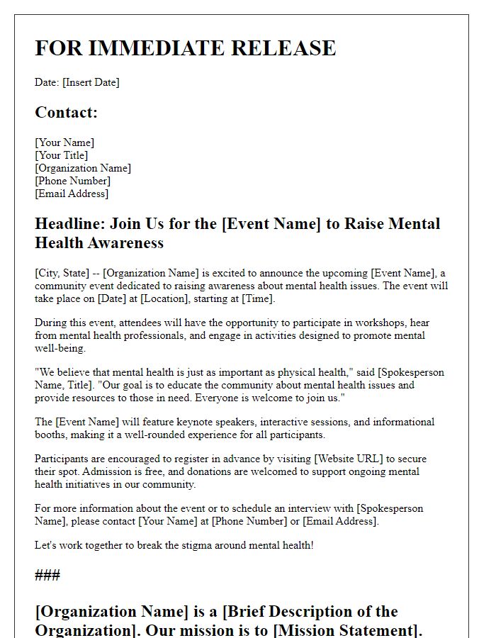 Letter template of press release for a mental health awareness event