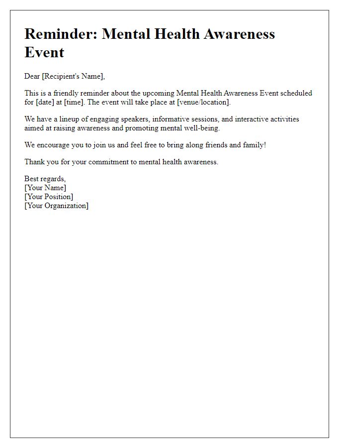 Letter template of reminder for a mental health awareness event