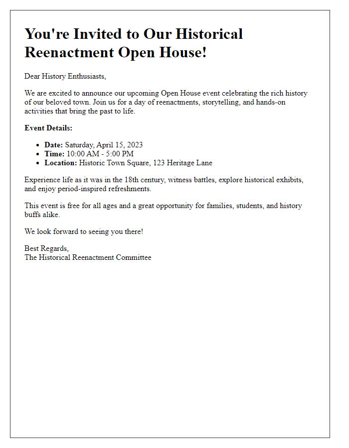 Letter template of historical reenactment open house notice