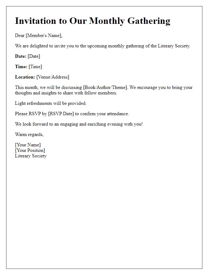 Letter template of invitation to literary society's monthly gathering