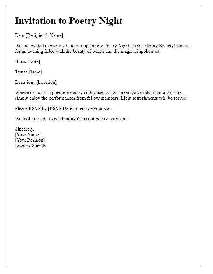 Letter template of invitation to poetry night at the literary society