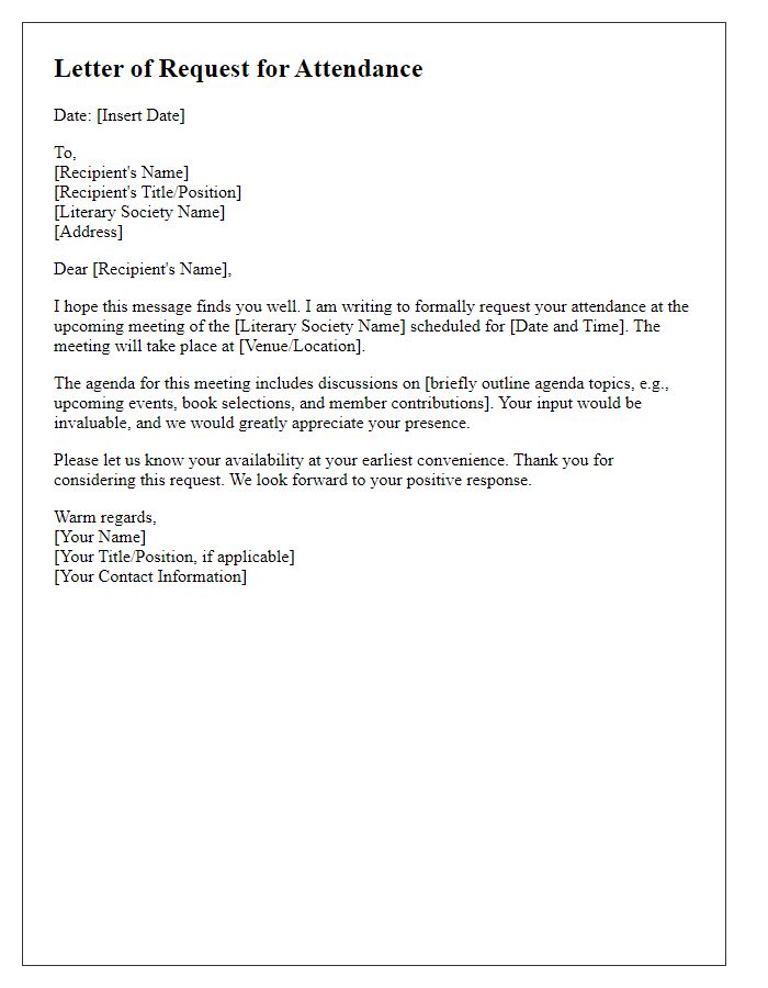 Letter template of request for attendance at literary society meeting