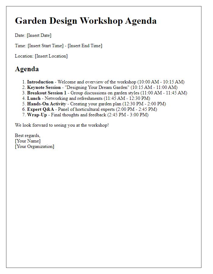 Letter template of agenda for garden design workshop participants