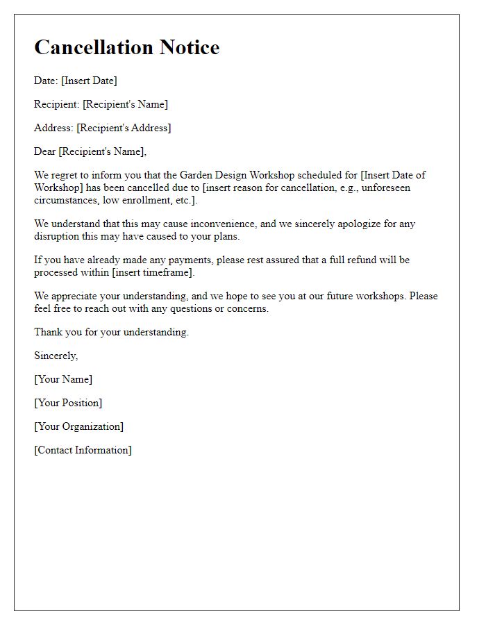 Letter template of cancellation notice for garden design workshop