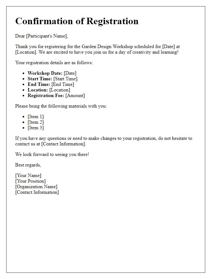 Letter template of confirmation for garden design workshop registration