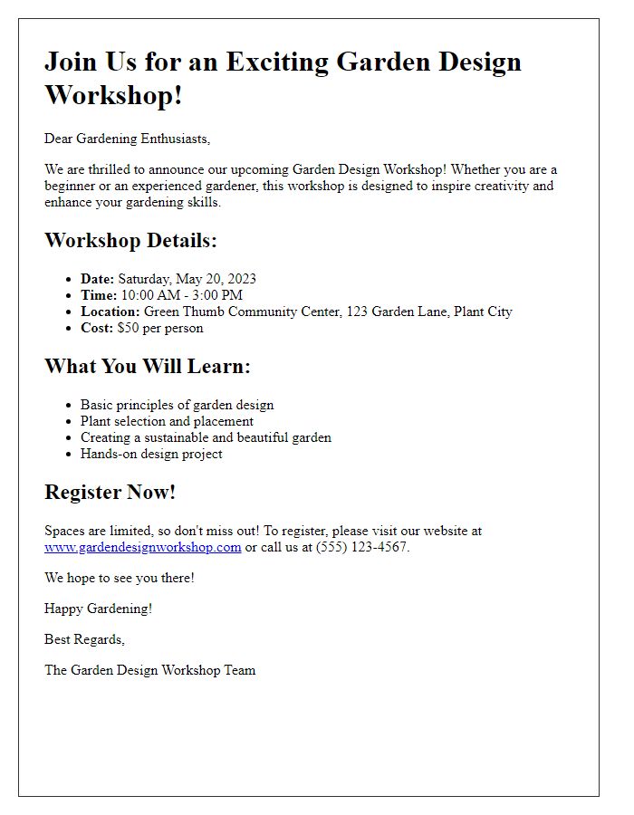 Letter template of promotional flyer for upcoming garden design workshop