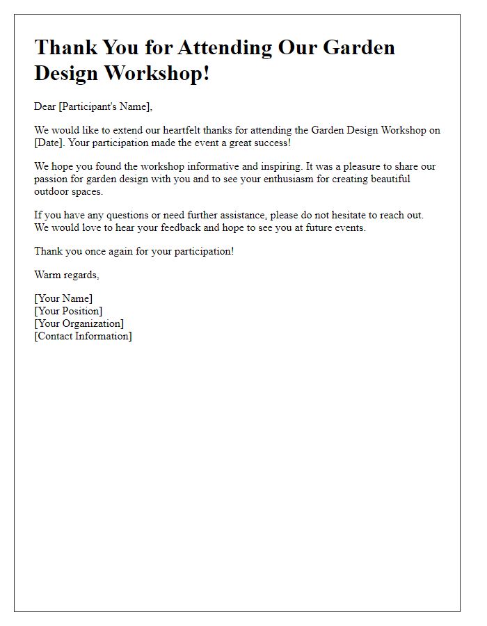 Letter template of thank you for attending garden design workshop