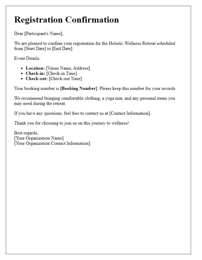 Letter template of confirmation for holistic wellness retreat registration.