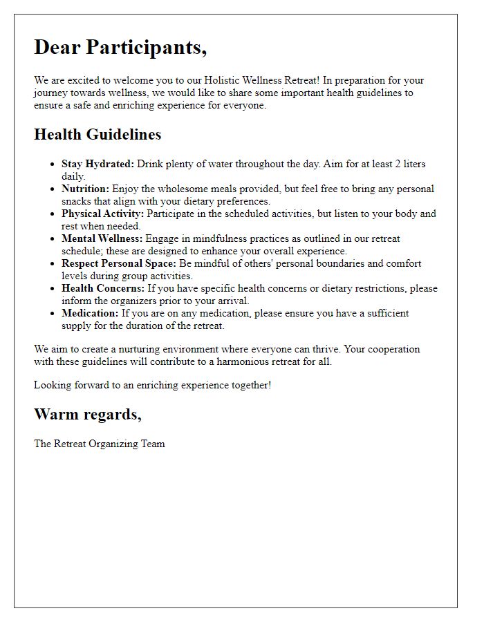 Letter template of health guidelines for participants of holistic wellness retreat.