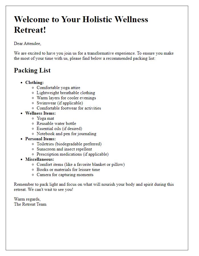 Letter template of packing list for holistic wellness retreat attendees.