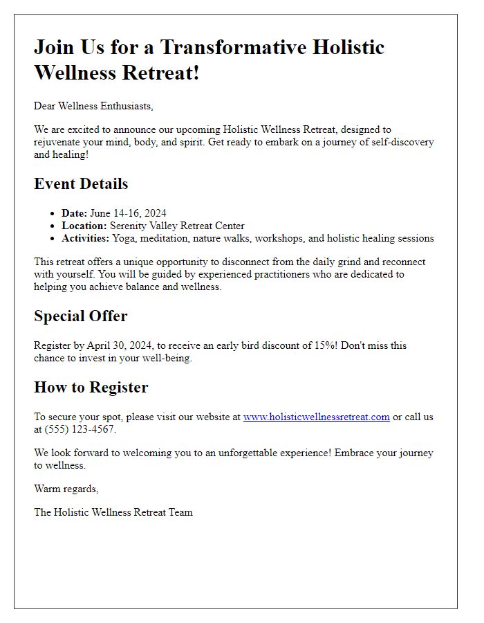 Letter template of promotional announcement for a holistic wellness retreat.