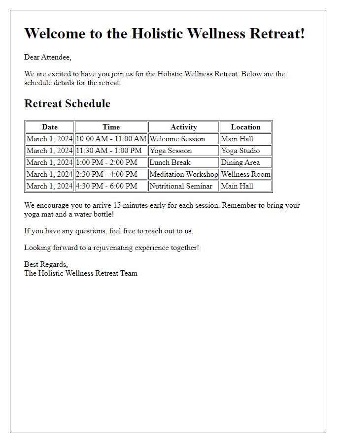 Letter template of schedule details for holistic wellness retreat attendees.