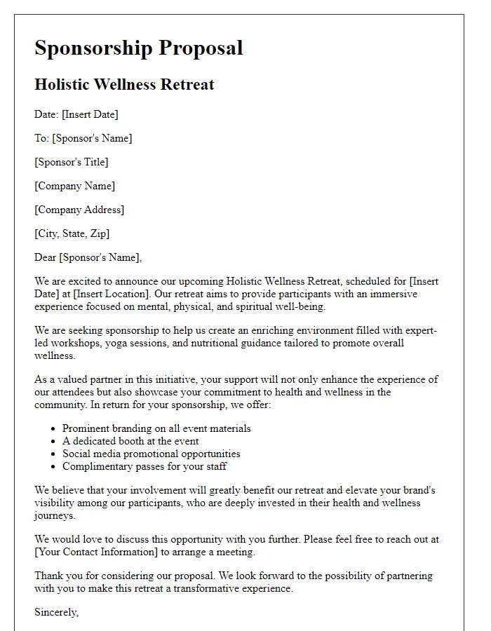 Letter template of sponsorship proposal for holistic wellness retreat.