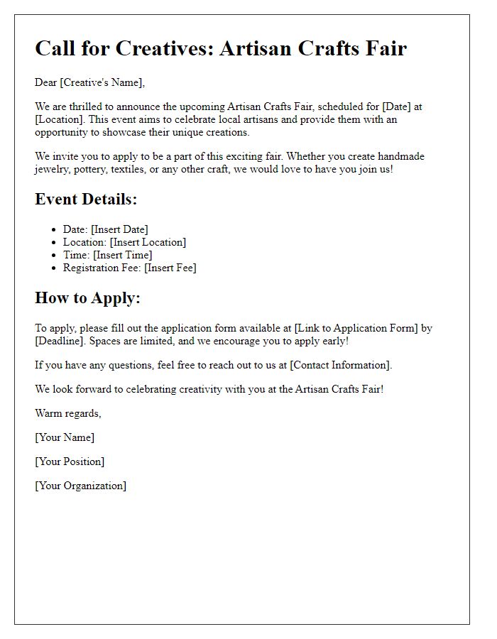 Letter template of Artisan Crafts Fair Call for Creatives