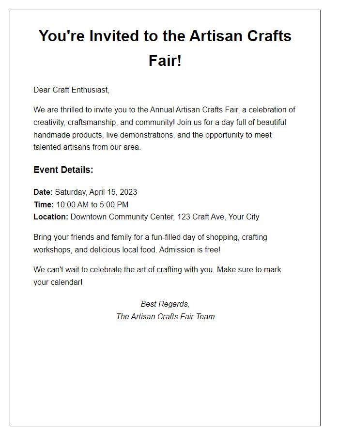 Letter template of Artisan Crafts Fair Invitation for Craft Enthusiasts