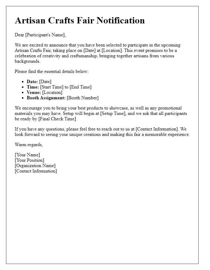 Letter template of Artisan Crafts Fair Notification for Participants