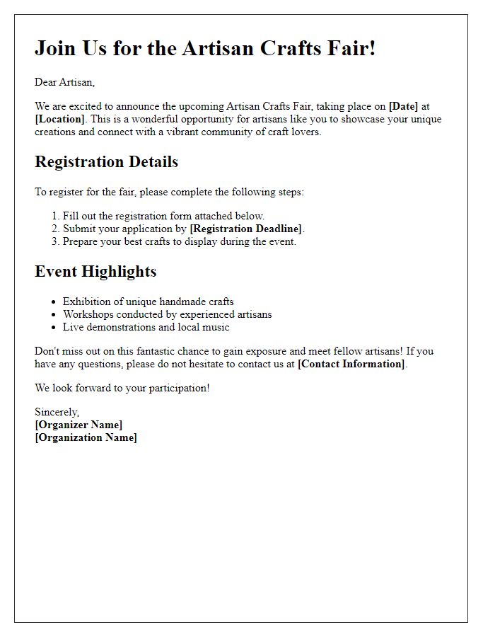 Letter template of Artisan Crafts Fair Registration Announcement