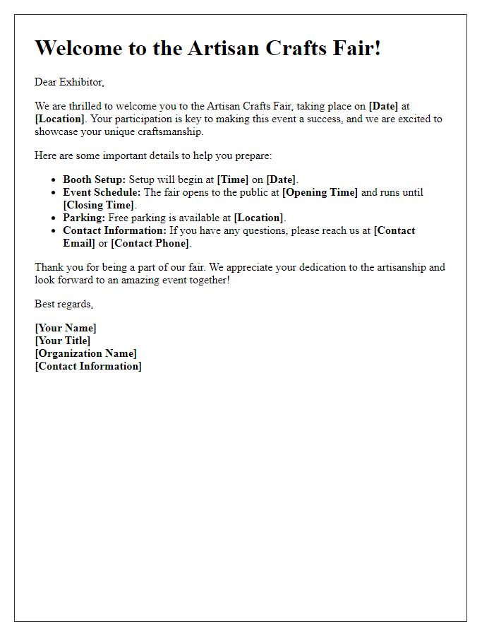 Letter template of Artisan Crafts Fair Welcome Letter for Exhibitors