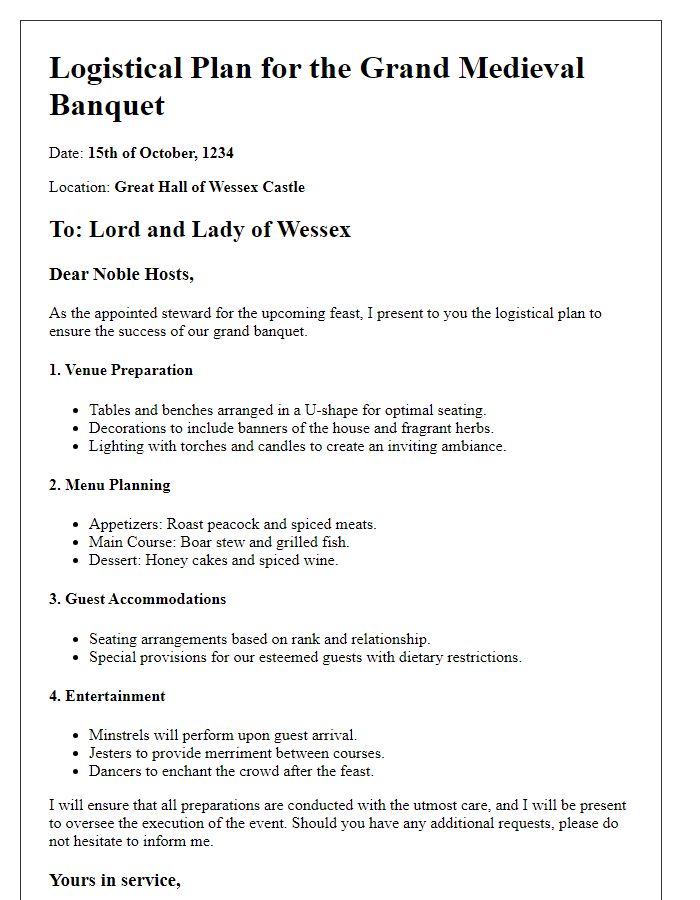 Letter template of a steward's logistical plan for a medieval banquet event