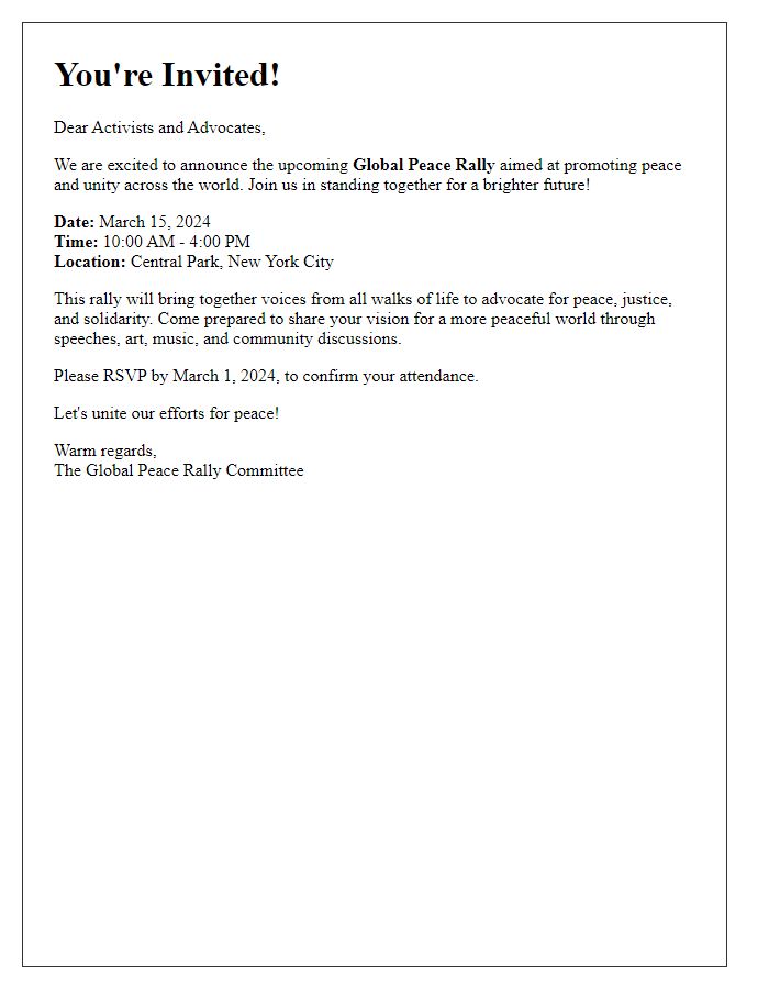 Letter template of Global Peace Rally Invitation for Activists and Advocates