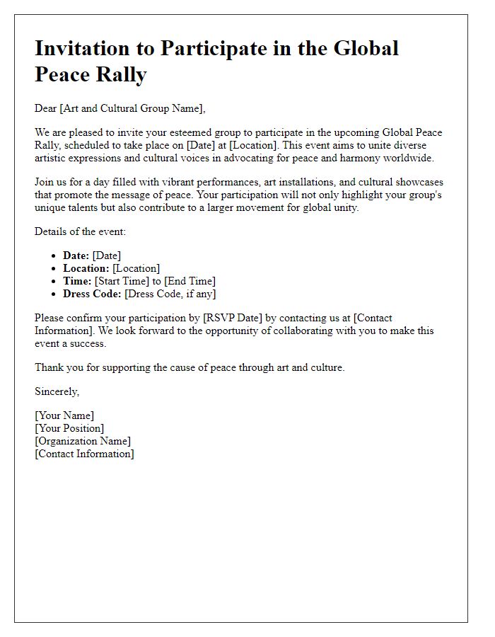 Letter template of Global Peace Rally Invitation for Art and Cultural Groups