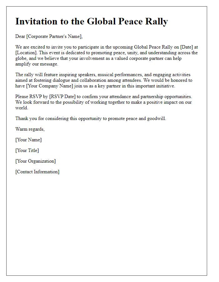 Letter template of Global Peace Rally Invitation for Corporate Partners