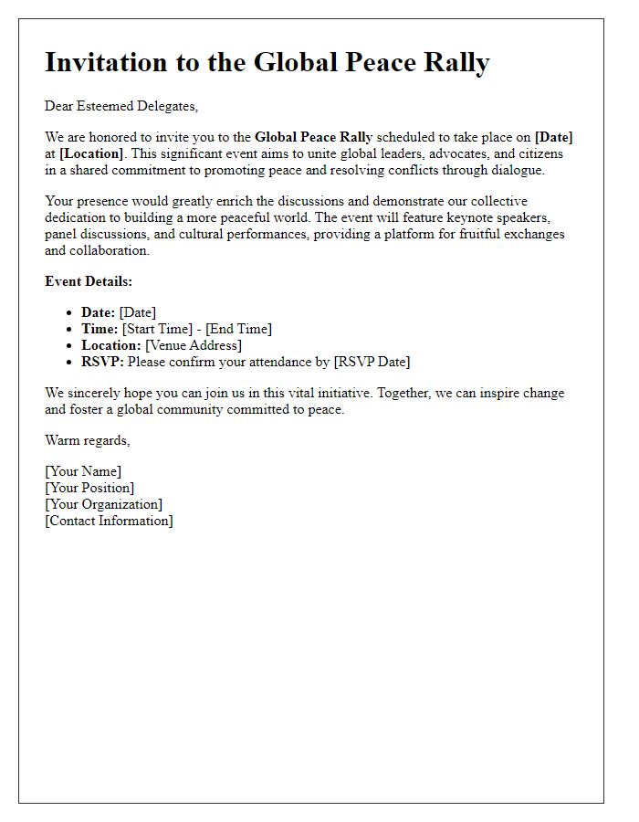 Letter template of Global Peace Rally Invitation for International Delegations