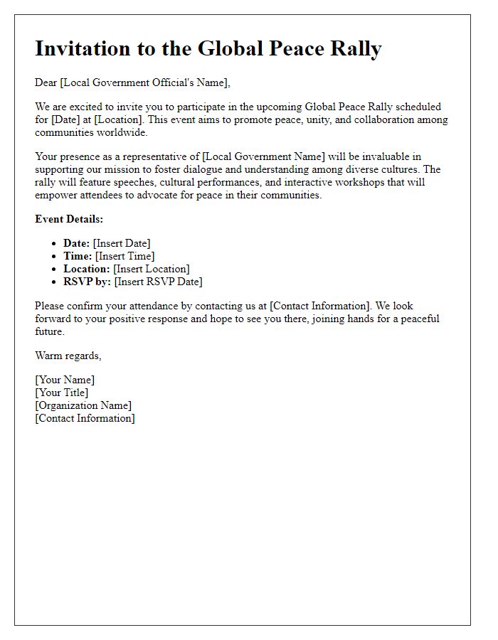 Letter template of Global Peace Rally Invitation for Local Governments