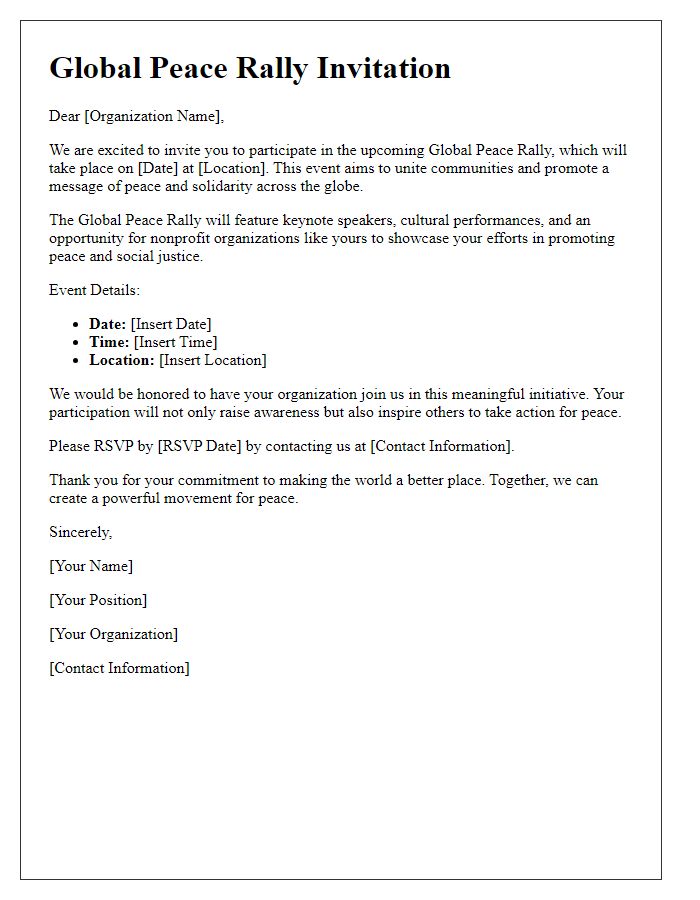 Letter template of Global Peace Rally Invitation for Nonprofit Organizations