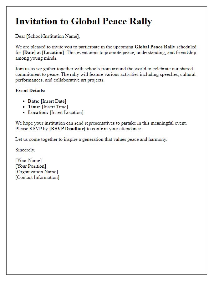 Letter template of Global Peace Rally Invitation for Schools and Educational Institutions