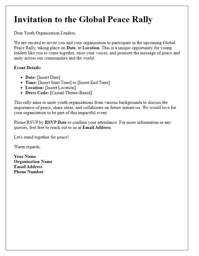 Letter template of Global Peace Rally Invitation for Youth Organizations