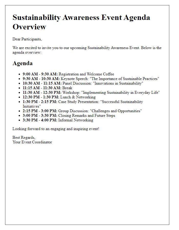 Letter template of agenda overview for sustainability awareness event