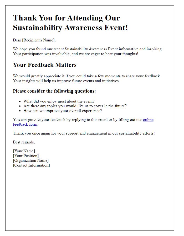 Letter template of feedback request after sustainability awareness event