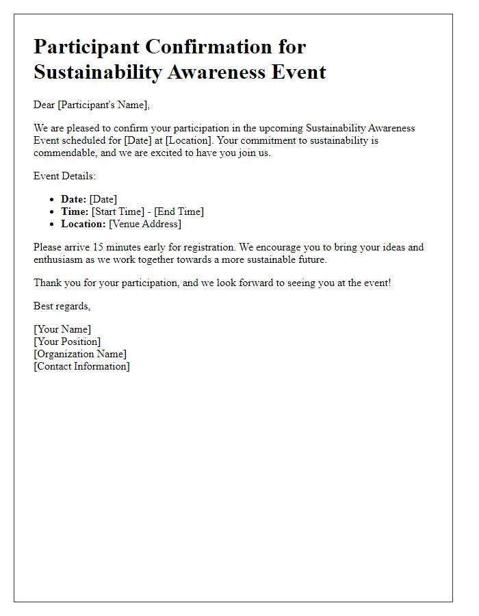 Letter template of participant confirmation for sustainability awareness event