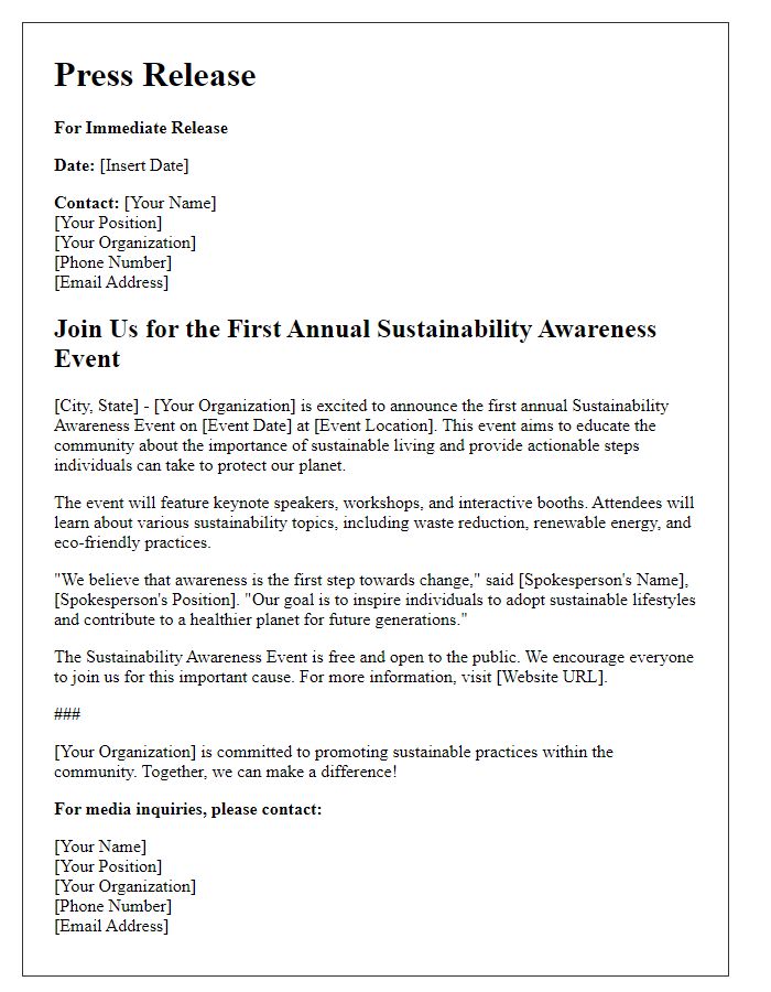 Letter template of press release for sustainability awareness event