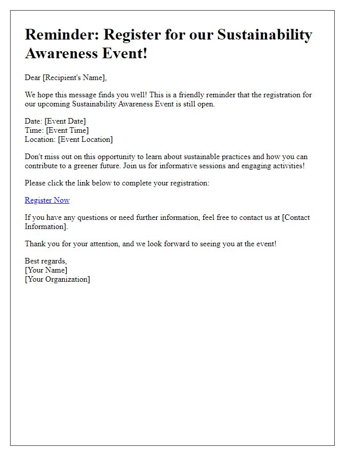 Letter template of reminder for sustainability awareness event registration