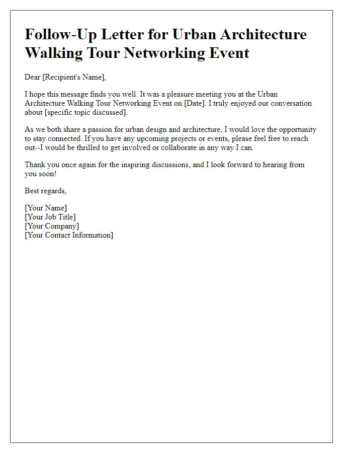 Letter template of follow-up for urban architecture walking tour networking event