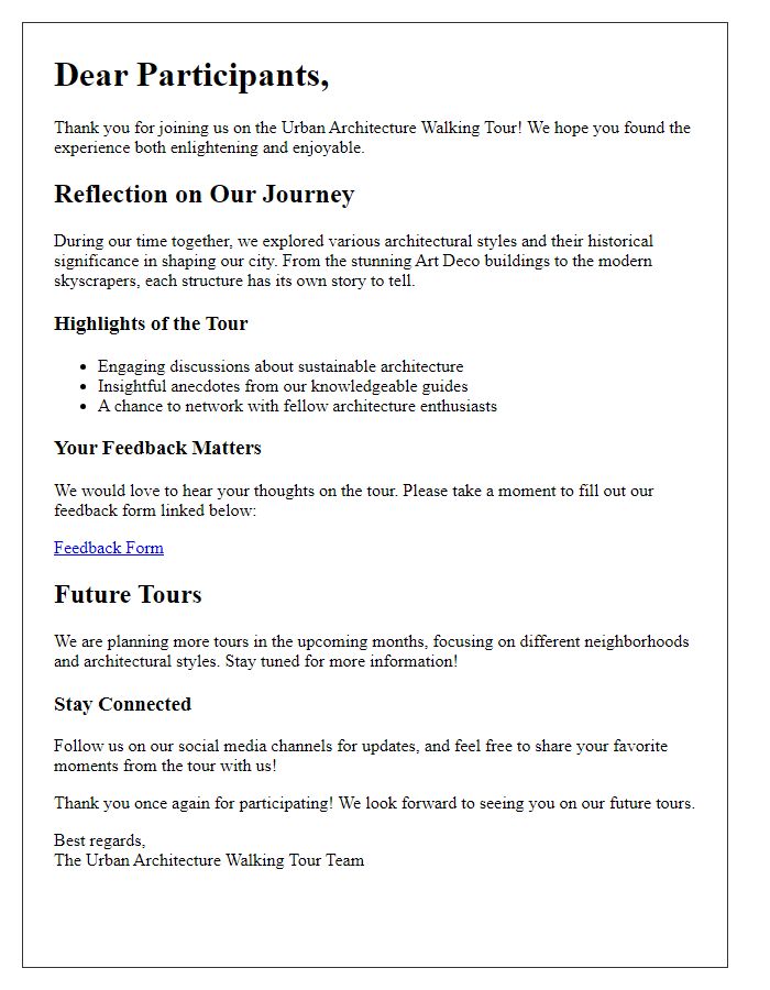 Letter template of post-tour reflection for urban architecture walking tour participants