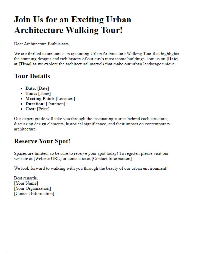 Letter template of promotion for upcoming urban architecture walking tour