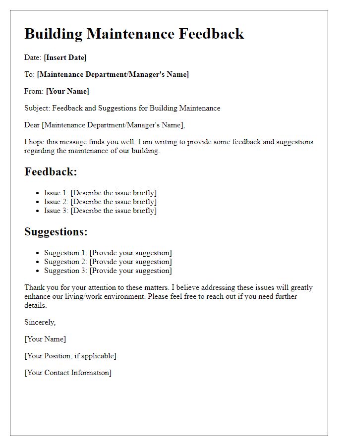 Letter template of building maintenance feedback and suggestion