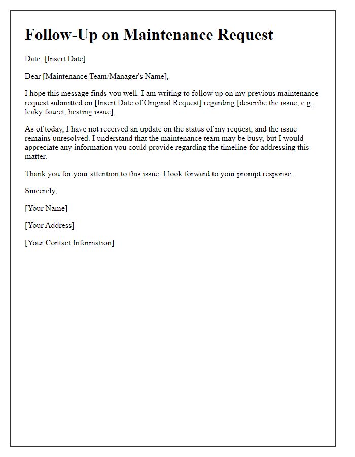 Letter template of follow-up on building maintenance request