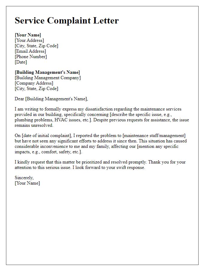 Letter template of service complaint for building maintenance