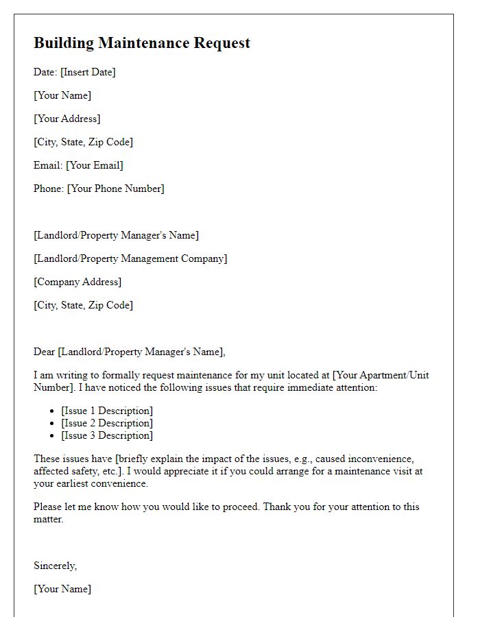 Letter template of tenant-initiated building maintenance request