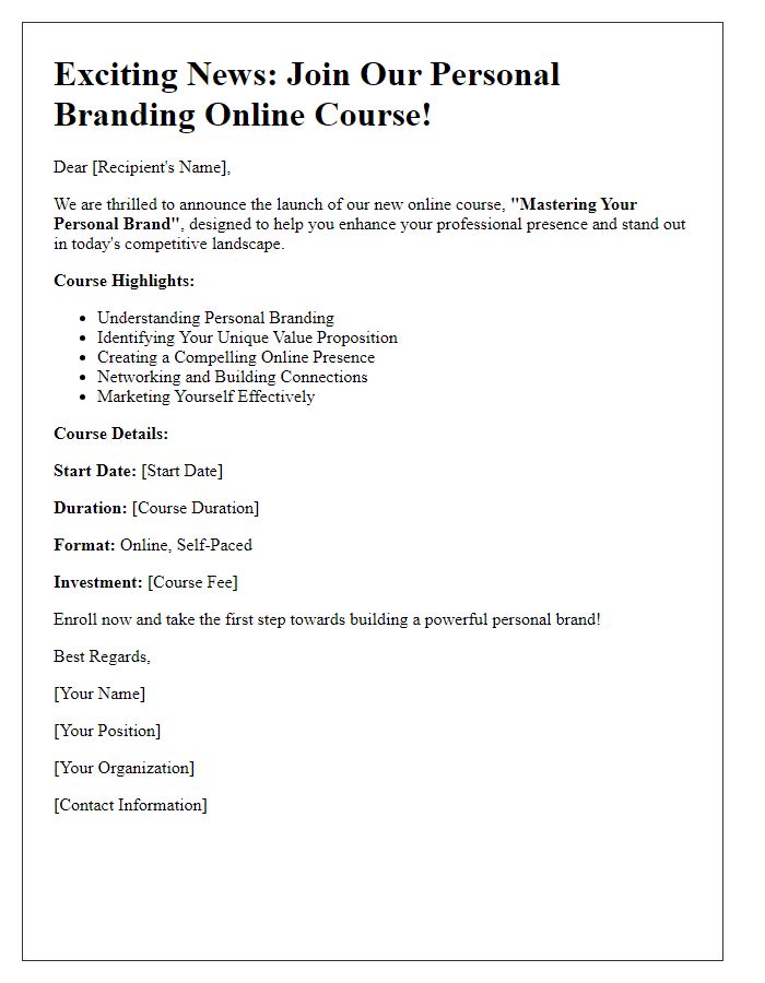 Letter template of personal branding online course announcement