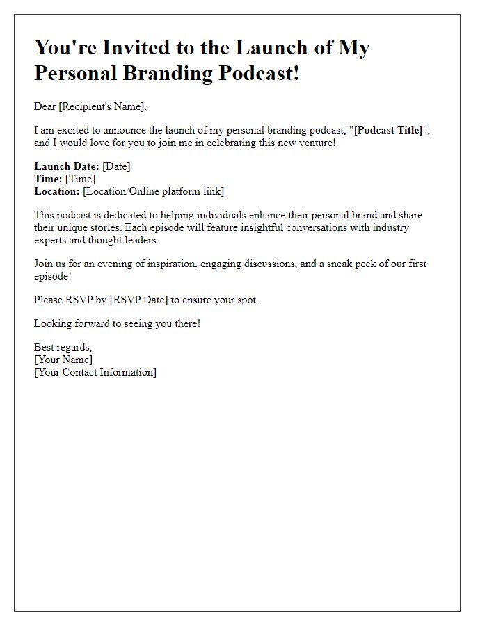 Letter template of personal branding podcast launch invitation