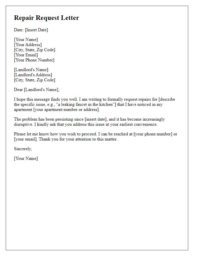 Letter template of documented repair request to landlord