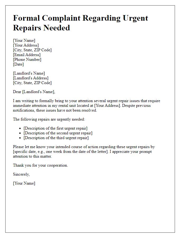 Letter template of formal complaint to landlord regarding urgent repairs needed