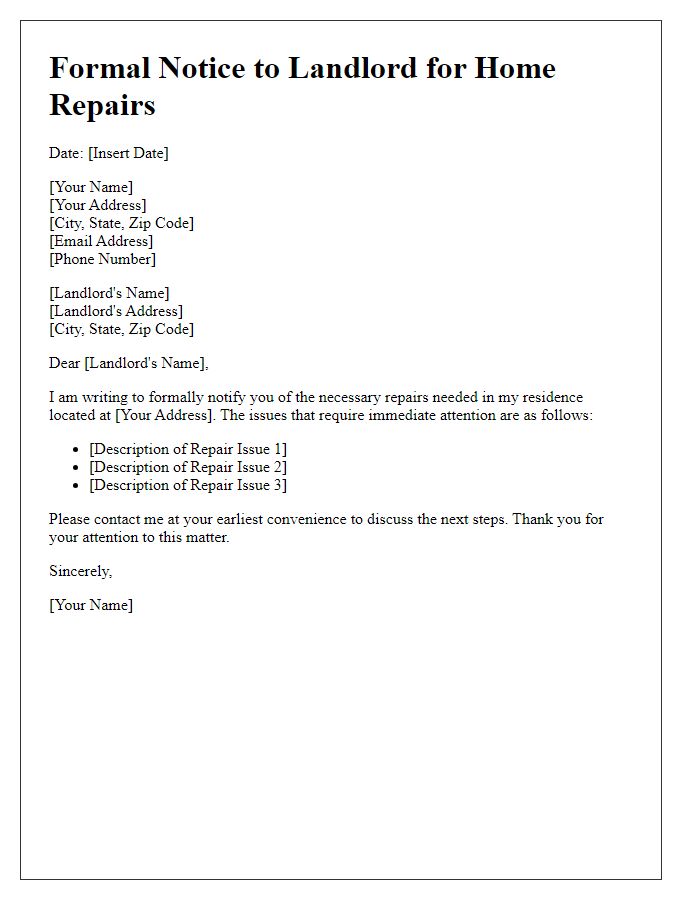 Letter template of formal notice to landlord for home repairs